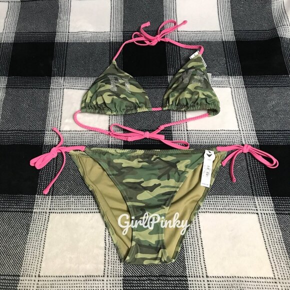 VS PINK 2 PIECE CAMO BLING LOGO STRING BIKINI SWIMSUIT IN ALL SIZES AND DD TOPS - Picture 1 of 8